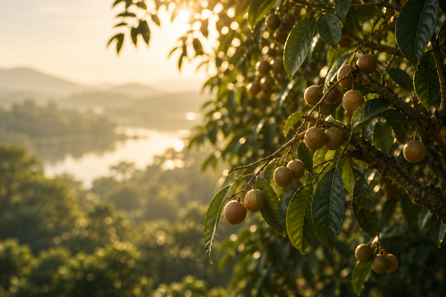Ancient longan trees at sunrise in the highlands of Hưng Yên, northern Vietnam