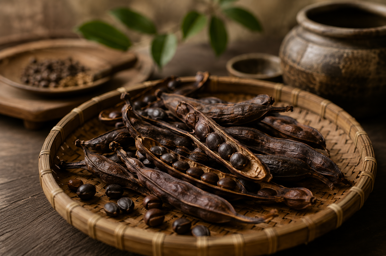Dried Bồ Kết pods in a bamboo basket