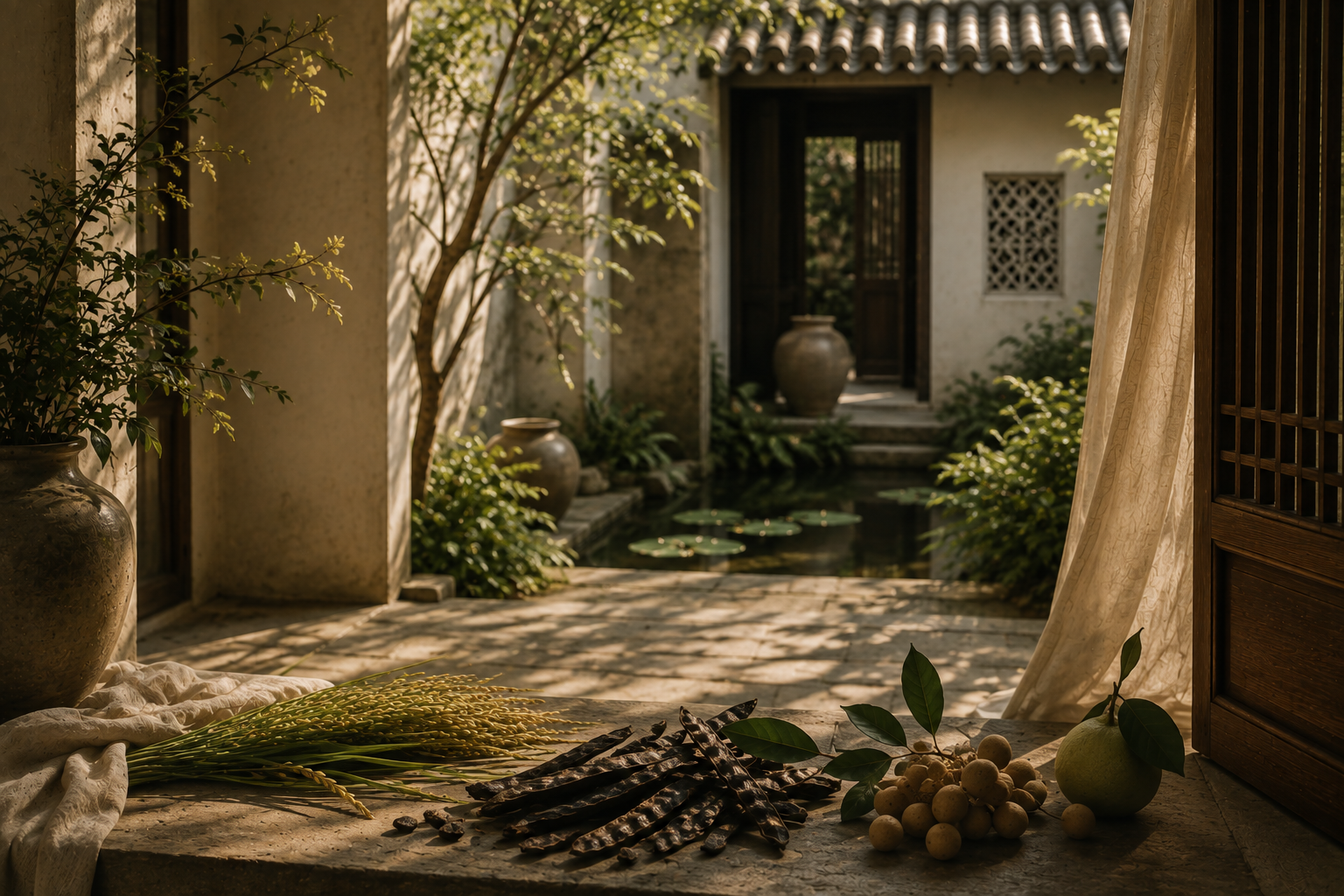 Bồ Kết pods simmering in a copper pot, overlooking longan orchards at dawn, Hưng Yên, Vietnam